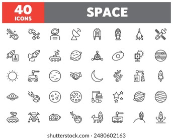 Set of 40 line icons space. Outline icon collection. Editable stroke. Vector illustration.