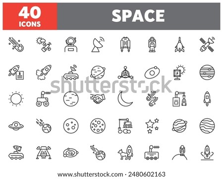 Set of 40 line icons space. Outline icon collection. Editable stroke. Vector illustration.