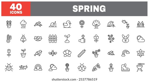 Set of 40 line icons spring. Outline icon collection. Editable stroke. Vector illustration.