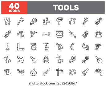 Conjunto de 40 herramientas de iconos de línea. Colección de icono de esquema. Trazo editable. Ilustración vectorial.