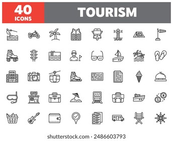 Set of 40 line icons tourism. Outline icon collection. Editable stroke. Vector illustration.