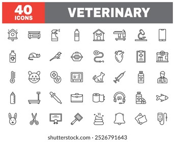 Set of 40 line icons veterinary. Outline icon collection. Editable stroke. Vector illustration.