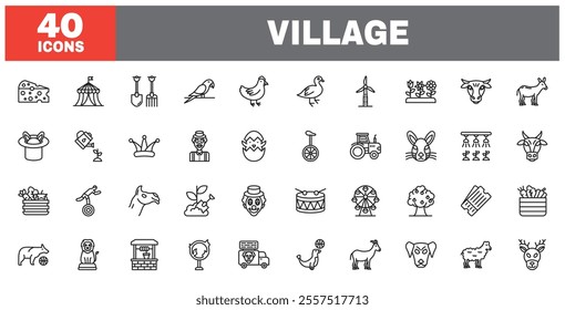 Set of 40 line icons village. Outline icon collection. Editable stroke. Vector illustration.