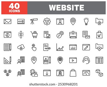 Conjunto de 40 iconos de línea Sitio web. Colección de icono de esquema. Trazo editable. Ilustración vectorial.