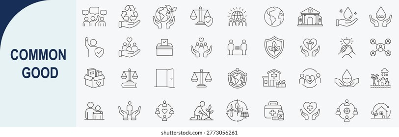 Set of 40 Linear Common Good Icons Illustrations for Social Responsibility and Community Support Services