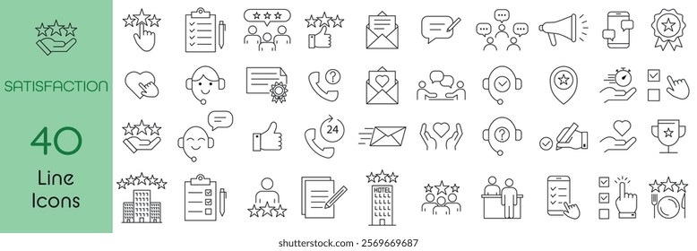 Set of 40 linear icons related to satisfaction, approval, like, feedback, customer reviews and user experience. Collection of outline icons. Vector illustration