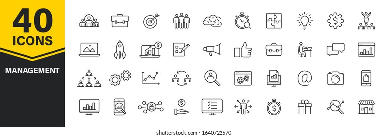Set of 40 Management web icons in line style. Media, teamwork, business, planning, strategy, marketing. Vector illustration.