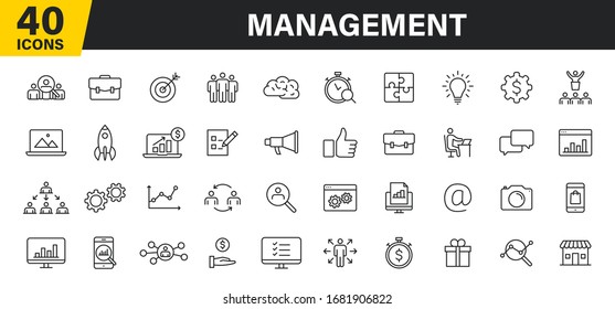 Set of 40 Management web icons in line style. Media, teamwork, business, planning, strategy, marketing. Vector illustration.