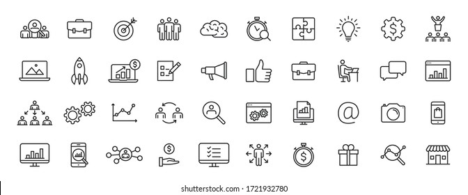 Set Of 40 Management Web Icons In Line Style. Media, Teamwork, Business, Planning, Strategy, Marketing. Vector Illustration.