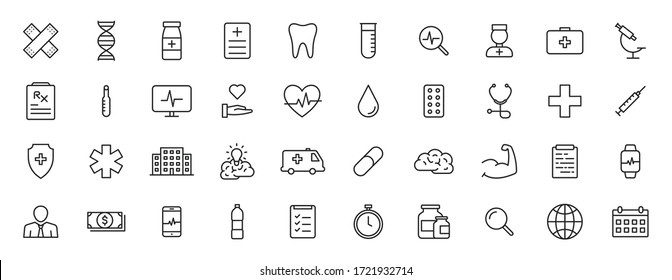 Set of 40 Medical and Health web icons in line style. Medicine and Health Care, RX, infographic. Vector illustration.