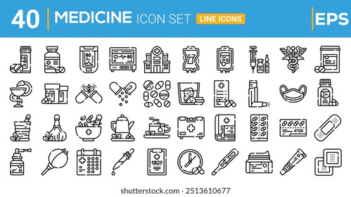 Set of 40 Medical and Healthcare web icons in line style. Medicine, check up, doctor, dentistry, pharmacy, lab, scientific discovery, collection. Vector illustration.