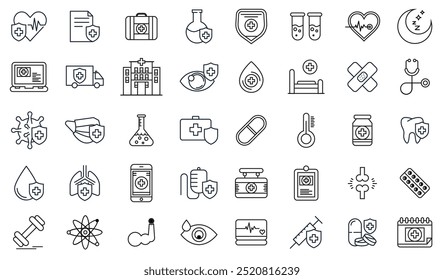 Conjunto de 40 ícones da Web para médicos e assistência médica no estilo de linha. Medicina, exame, odontologia, laboratório, descoberta científica, coleta. Ilustração vetorial.