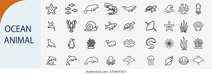 Set of 40 minimalist outline ocean animal icons for marine biology education app, sea life conservation website and aquarium exhibition branding design