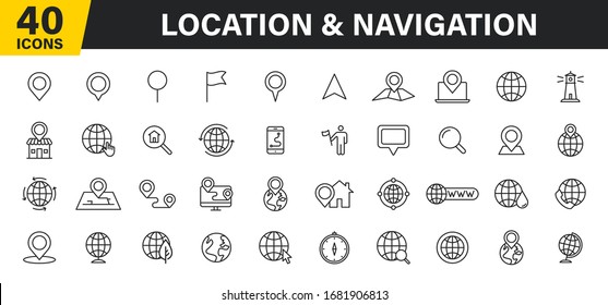 Set of 40 Navigation and location, map, globe web icons in line style. GPS, compass, global, marker, map, pointer. Vector illustration.