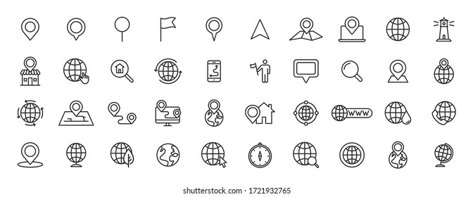 Set of 40 Navigation and location, map, globe web icons in line style. GPS, compass, global, marker, map, pointer. Vector illustration.