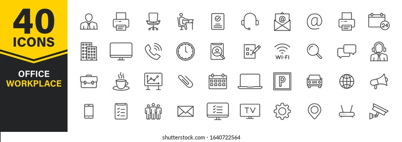 Set of 40 Office and workplace web icons in line style. Teamwork, workplace, coffee, work, business, employee. Vector illustration.