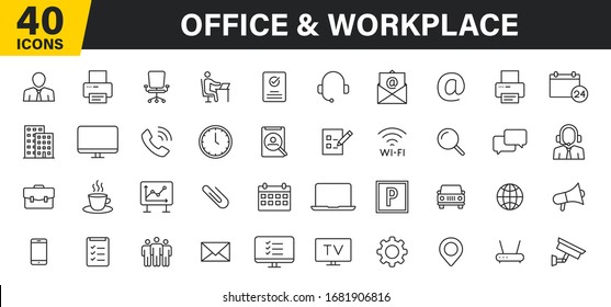 Set of 40 Office and workplace web icons in line style. Teamwork, workplace, coffee, work, business, employee. Vector illustration.