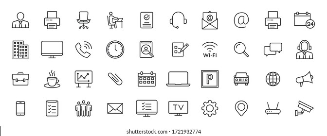 Set of 40 Office and workplace web icons in line style. Teamwork, workplace, coffee, work, business, employee. Vector illustration.