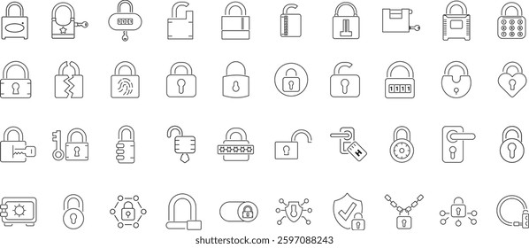 Set of 40 outline icons related to padlock. Linear icon collection. Editable stroke. Vector illustration