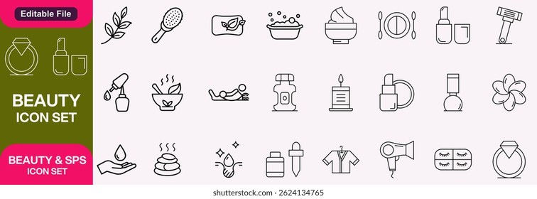 Set of 40 outline icons related to beauty and spa. Linear icon collection. Editable stroke. Vector illustration set.
