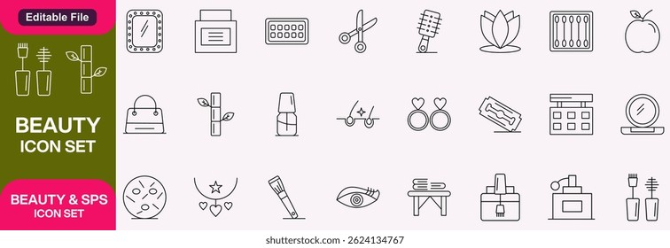 Set of 40 outline icons related to beauty and spa. Linear icon collection. Editable stroke. Vector illustration set.
