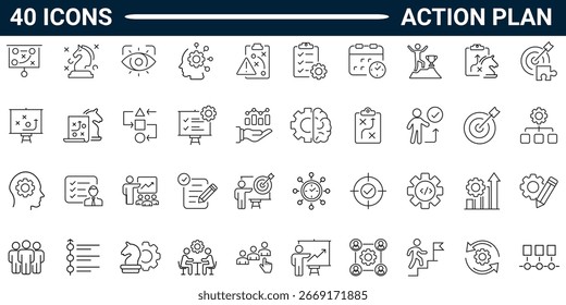 Conjunto de 40 ícones de tópicos relacionados ao plano de ação. Coleção de ícones linear. Traçado editável. Ilustração vetorial. Pictogramas e infográficos para aplicativos móveis. 