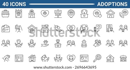 Set of 40 outline icons related to child and pet adoption. Linear icon collection. Editable stroke. Vector illustration