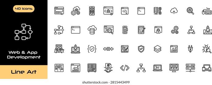 Set of 40 professional line art icons for web and mobile development. Includes symbols for cloud, database, security, and UI design in a consistent minimalist black stroke style.
