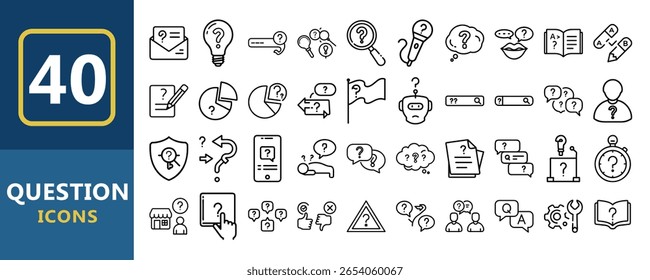 Un conjunto de 40 iconos de preguntas en un estilo de arte de línea simple. Perfecto para Sitios web, App, presentaciones y materiales educativos que necesitan signos de interrogación visuales.