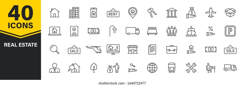 Set of 40 Real Estate web icons in line style. Rent, building, agent, house, auction, realtor. Vector illustration.
