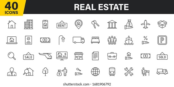 Set of 40 Real Estate web icons in line style. Rent, building, agent, house, auction, realtor. Vector illustration.