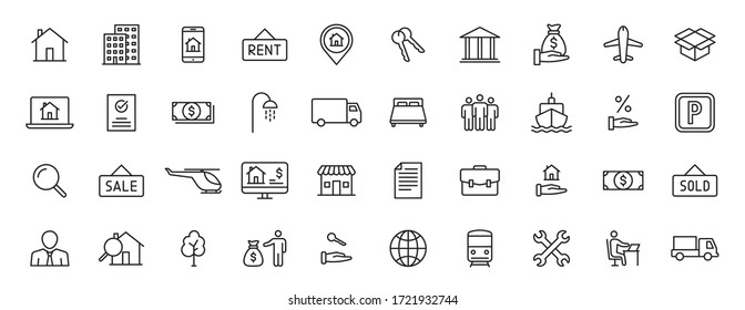 Conjunto de 40 iconos de Inmobiliaria en estilo de línea. Alquiler, edificio, agente, casa, subasta, agente inmobiliario. Ilustración vectorial.