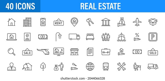 Conjunto de 40 iconos de la web inmobiliaria en estilo de línea. Alquiler, edificio, agente, casa, subasta, inmobiliario. Ilustración vectorial.