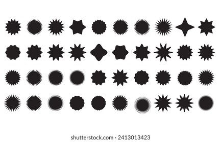  set of 40 Retro stars icon, sunburst. black beams firework, black shopping labels, sale or discount sticker, quality mark. Special offer price tag, promotional badge. Vector illustration.