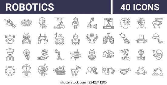 Set of 40 robotics industry icons. Set with robot and bot technology, artificial intelligence AI, equipment, engineering, automated machinery. Editable stroke. Vector illustration