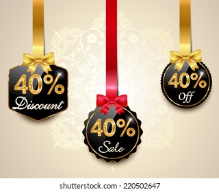Set of 40% sale and discount golden labels with red bows and ribbons Style Sale Tags Design, 40 off - vector eps10