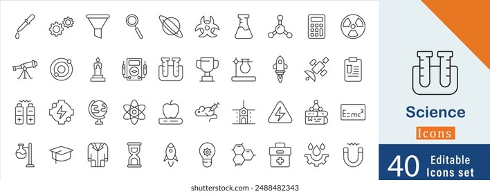 Set von 40 wissenschaftlichen essenziellen Vektor-Icons für die Entdeckung und Erforschung. Enthält Teleskop, Atom-Modell, DNA-Helix, Laborbrenner, chemische Reaktion und mehr Icons. Einfache Gliederung Icon.