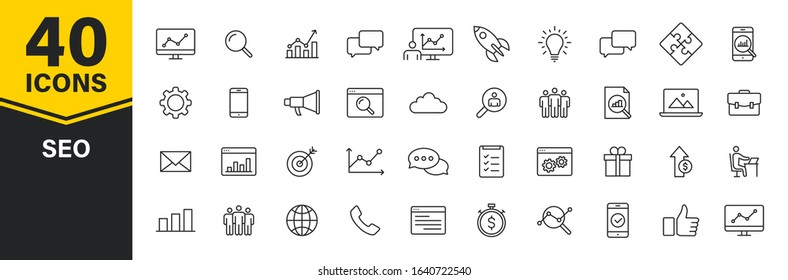 Set of 40 SEO and Development web icons in line style. Contact, Target, Website. Vector illustration.