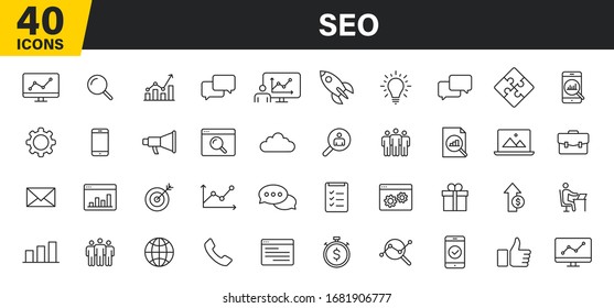 Set of 40 SEO and Development web icons in line style. Contact, Target, Website. Vector illustration.