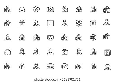 Um conjunto de 40 ícones simples de linha preta relacionados a hospitais, médicos, equipamentos médicos e símbolos de saúde.