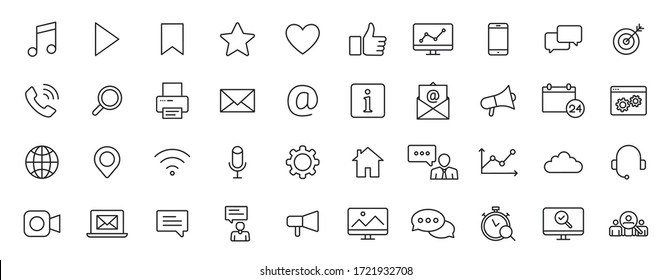 Conjunto de 40 iconos de los medios sociales en estilo de línea. Contacto, digital, redes sociales, tecnología, sitio web. Ilustración vectorial.