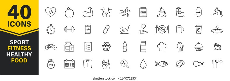Set of 40 Sport and Fitness, healthy food web icons in line style. Soccer, nutrition, workout, teamwork. Vector illustration.