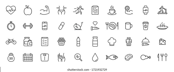 Set of 40 Sport and Fitness, healthy food web icons in line style. Soccer, nutrition, workout, teamwork. Vector illustration.