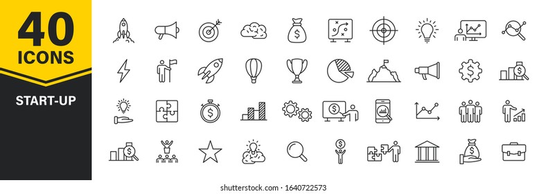 Set of 40 Start up web icons in line style. Creative, idea, target, innovation, business, marketing. Vector illustration.