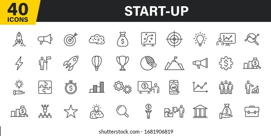 Set of 40 Start up web icons in line style. Creative, idea, target, innovation, business, marketing. Vector illustration.