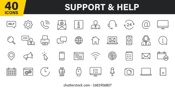 Set of 40 Support and Help web icons in line style. Assistance, email, customer, 24 hrs, service, contact. Vector illustration.