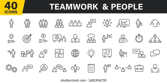Set of 40 Teamwork web icons in line style. Team Work, people, support, business. Vector illustration.