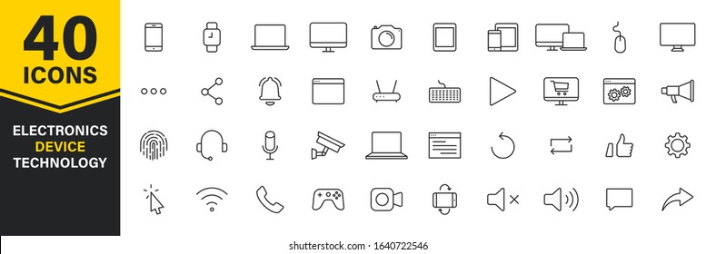 Set of 40 Technology and Electronics and Devices web icons in line style. Device, phone, laptop, communication, smartphone, ecommerce. Vector illustration.
