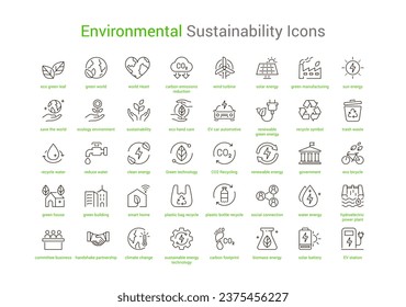 Set of 40 thin line icons designed with suitable visuals for Environmental Sustainability energy ecology simple symbol collection. vector illustration.