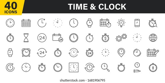 Set of 40 Time and clock web icons in line style. Timer, Speed, Alarm, Calendar. Vector illustration.